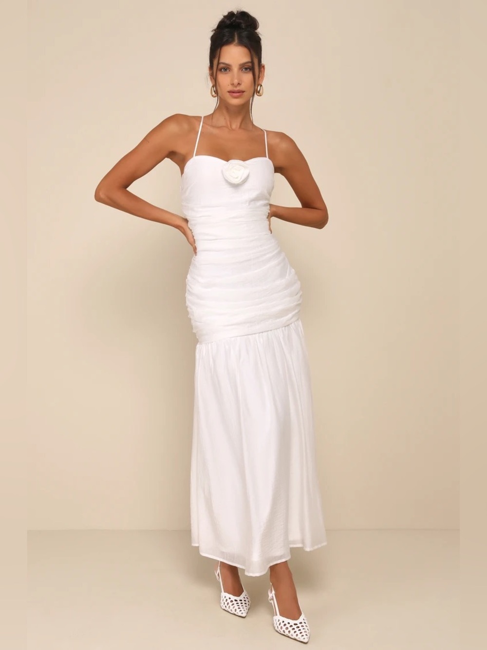 NWT Lulu’s Sz M White Rosette Ruched Bridal Wedding Gown Maxi Dress